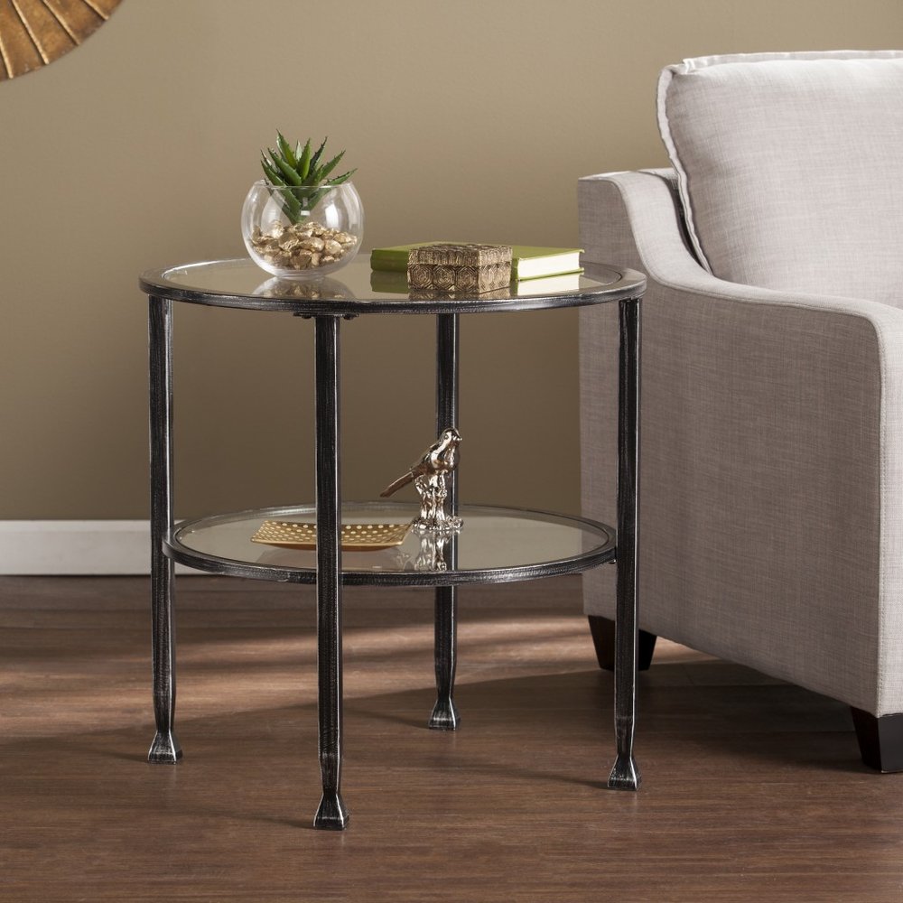 24" Black Glass And Iron Round End Table — view 1