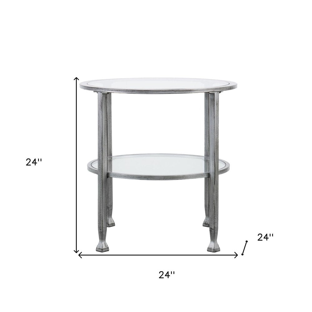 24" Silver And Clear Glass And Distressed Iron Round End Table With Shelf HomeRoots