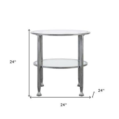 24" Silver And Clear Glass And Distressed Iron Round End Table With Shelf HomeRoots