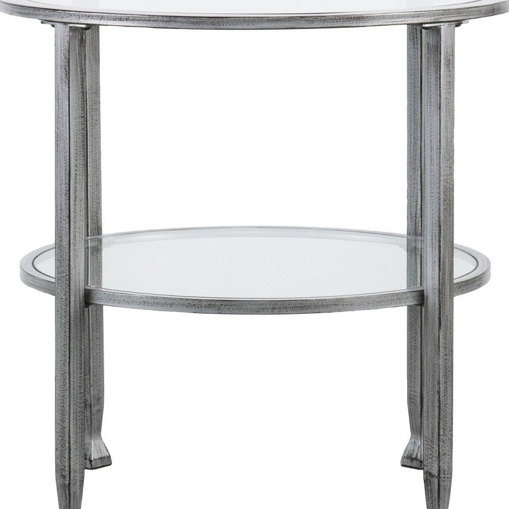 24" Silver And Clear Glass And Distressed Iron Round End Table With Shelf HomeRoots