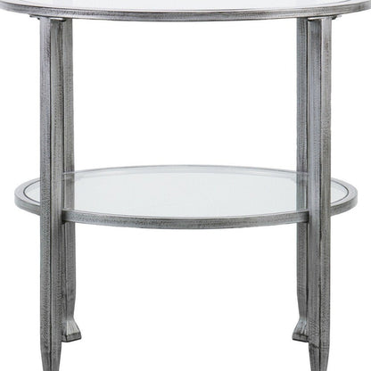 24" Silver And Clear Glass And Distressed Iron Round End Table With Shelf HomeRoots