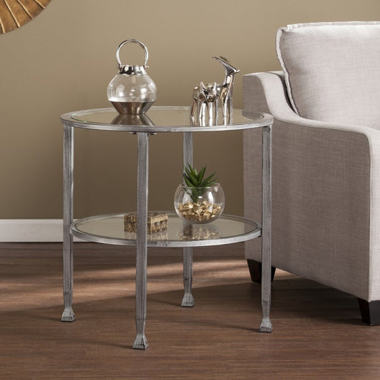 24" Silver And Clear Glass And Distressed Iron Round End Table With Shelf HomeRoots