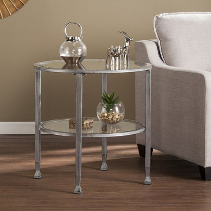 24" Silver And Clear Glass And Distressed Iron Round End Table With Shelf HomeRoots