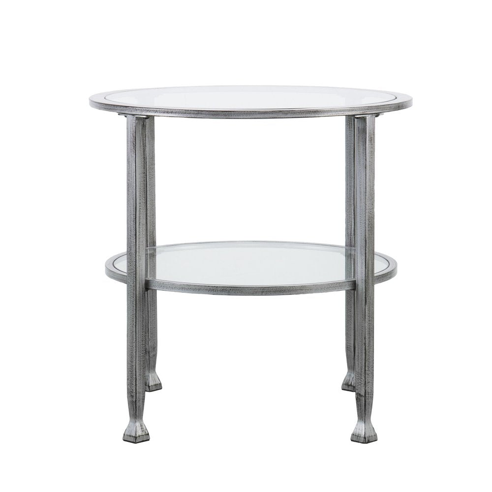 24" Silver And Clear Glass And Distressed Iron Round End Table With Shelf HomeRoots