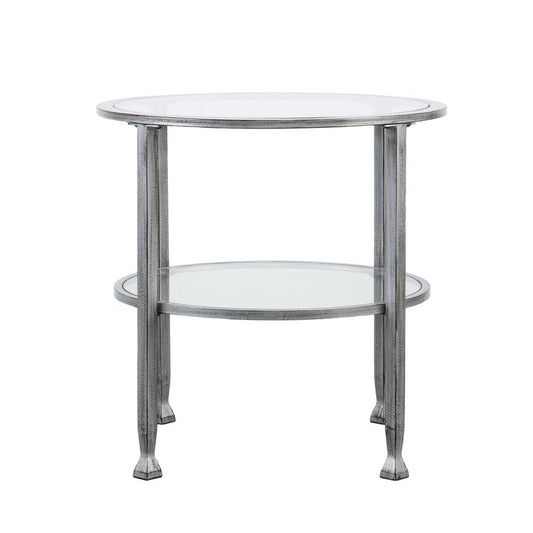 24" Silver And Clear Glass And Distressed Iron Round End Table With Shelf HomeRoots