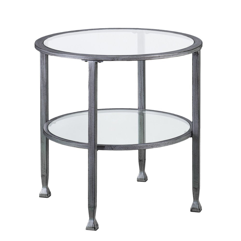 24" Silver And Clear Glass And Distressed Iron Round End Table With Shelf HomeRoots