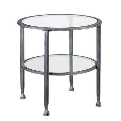24" Silver And Clear Glass And Distressed Iron Round End Table With Shelf HomeRoots