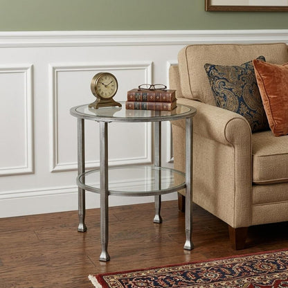 24" Silver And Clear Glass And Distressed Iron Round End Table With Shelf HomeRoots