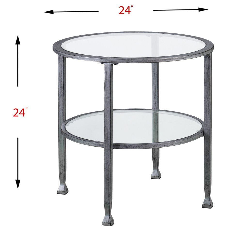 24" Silver And Clear Glass And Distressed Iron Round End Table With Shelf HomeRoots