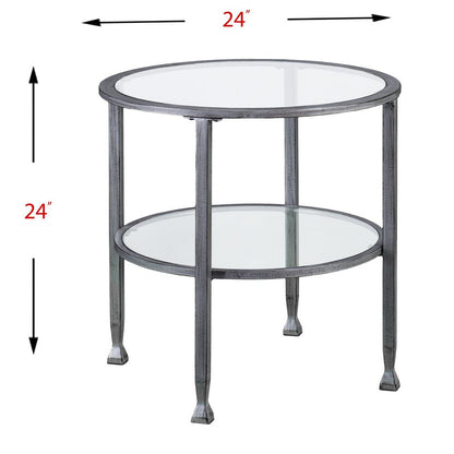 24" Silver And Clear Glass And Distressed Iron Round End Table With Shelf HomeRoots