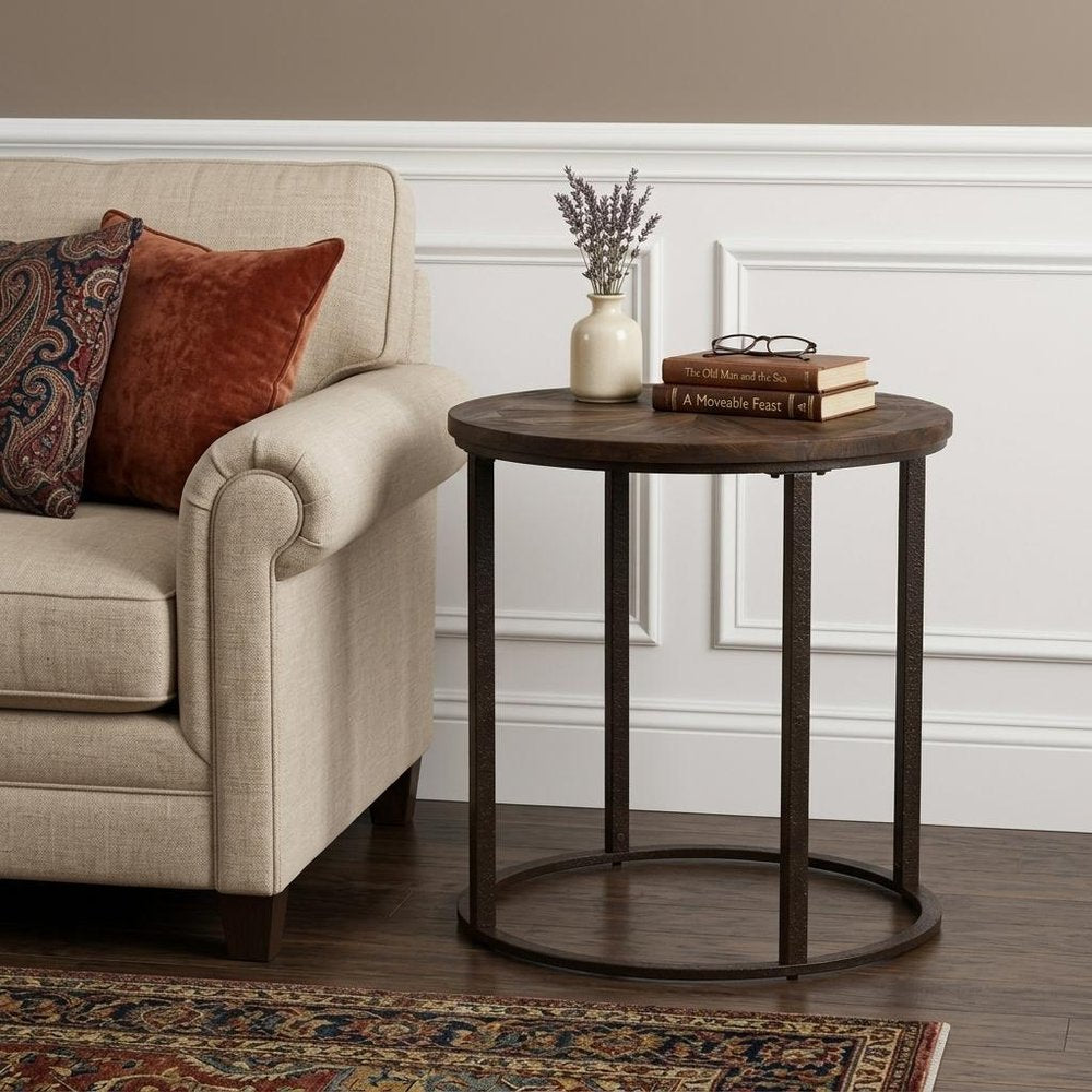 24" Natural Wood Solid Wood And Iron Round End Table HomeRoots