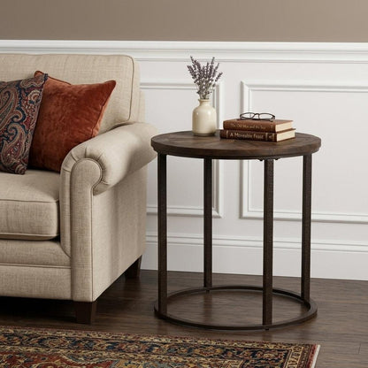 24" Natural Wood Solid Wood And Iron Round End Table HomeRoots
