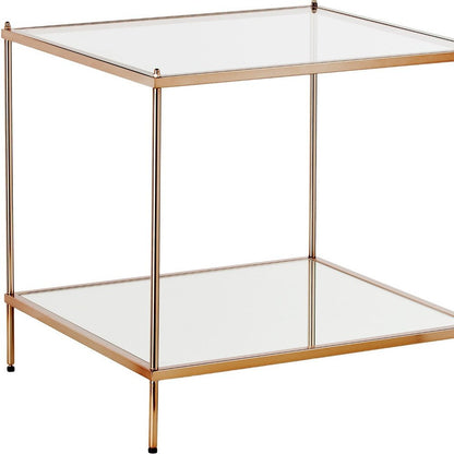 22" Clear And Gold Glass And Iron Square End Table With Shelf HomeRoots