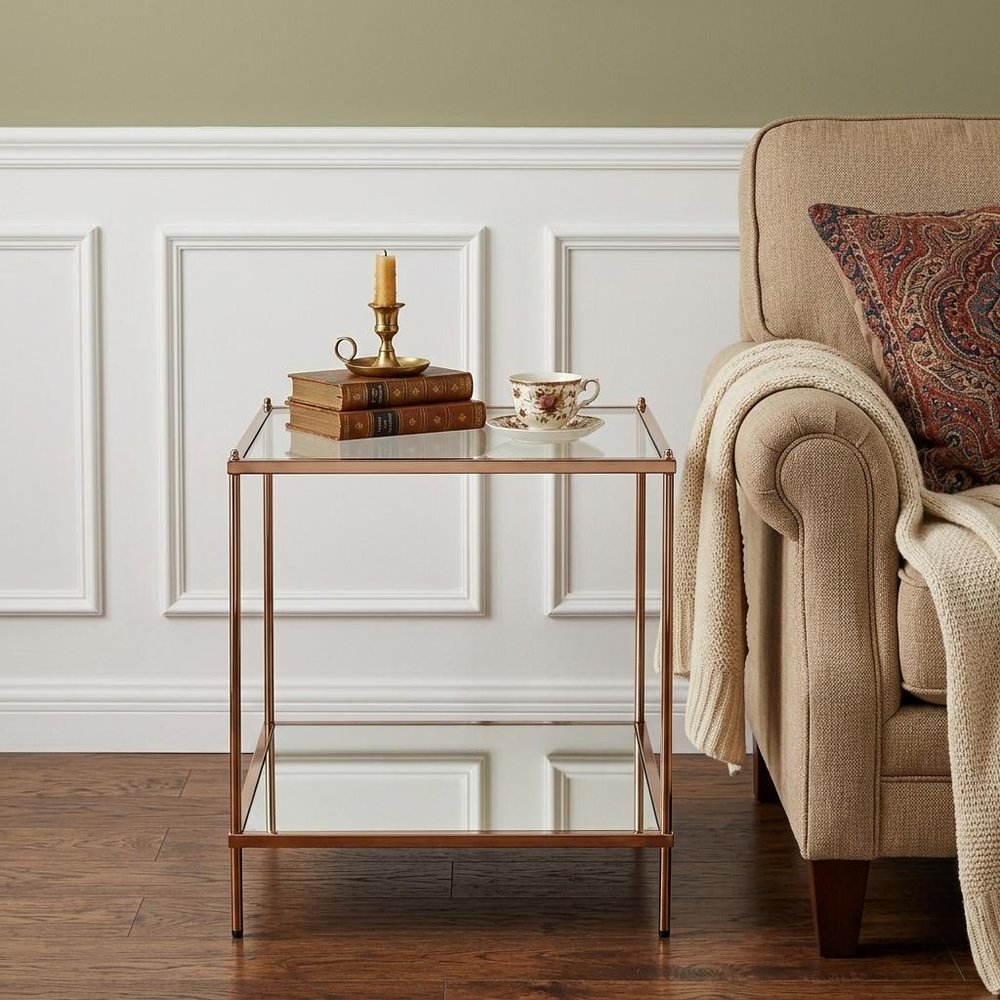22" Clear And Gold Glass And Iron Square End Table With Shelf HomeRoots