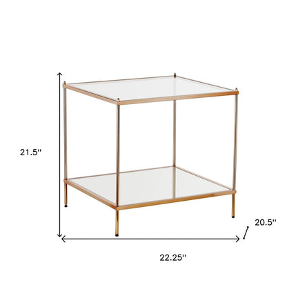 22" Clear And Gold Glass And Iron Square End Table With Shelf HomeRoots