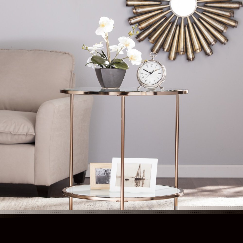 26" Gold Glass And Iron Round End Table With Shelf HomeRoots