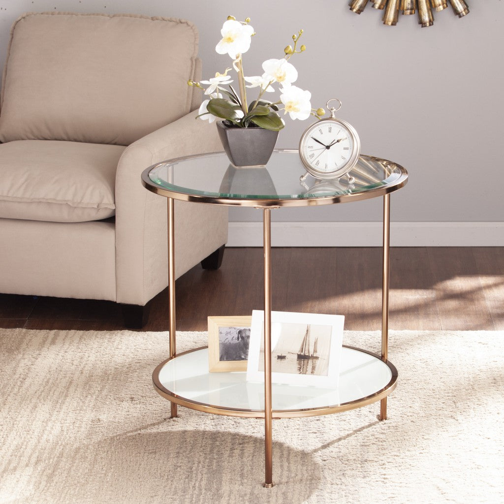 26" Gold Glass And Iron Round End Table With Shelf