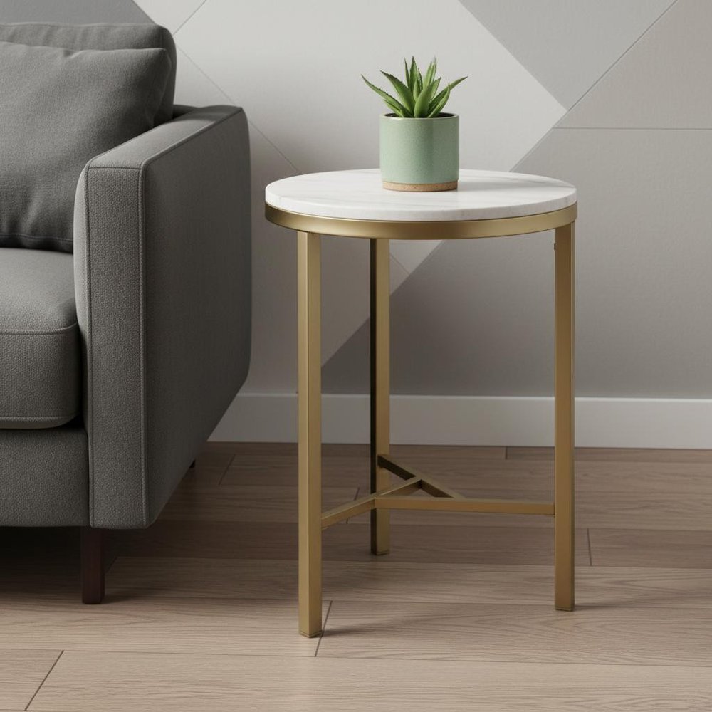 24" Champagne Genuine Marble Look And Iron Rectangular End Table HomeRoots