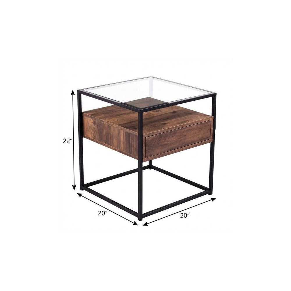 22" Black Glass And Iron Square End Table With Drawer With Shelf HomeRoots