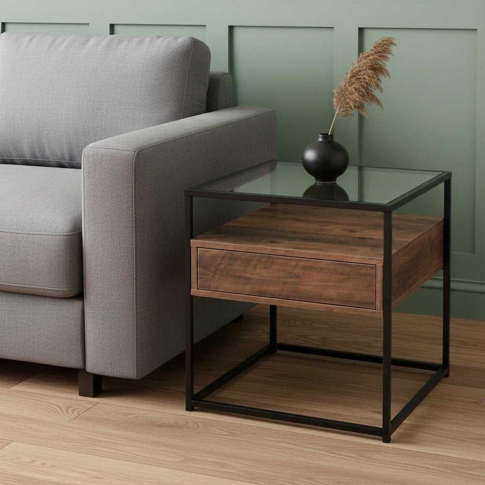 22" Black Glass And Iron Square End Table With Drawer With Shelf HomeRoots