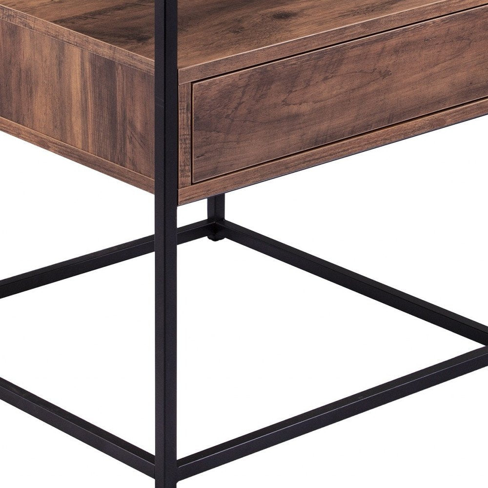 22" Black Glass And Iron Square End Table With Drawer With Shelf HomeRoots