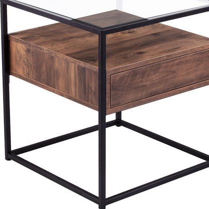 22" Black Glass And Iron Square End Table With Drawer With Shelf HomeRoots
