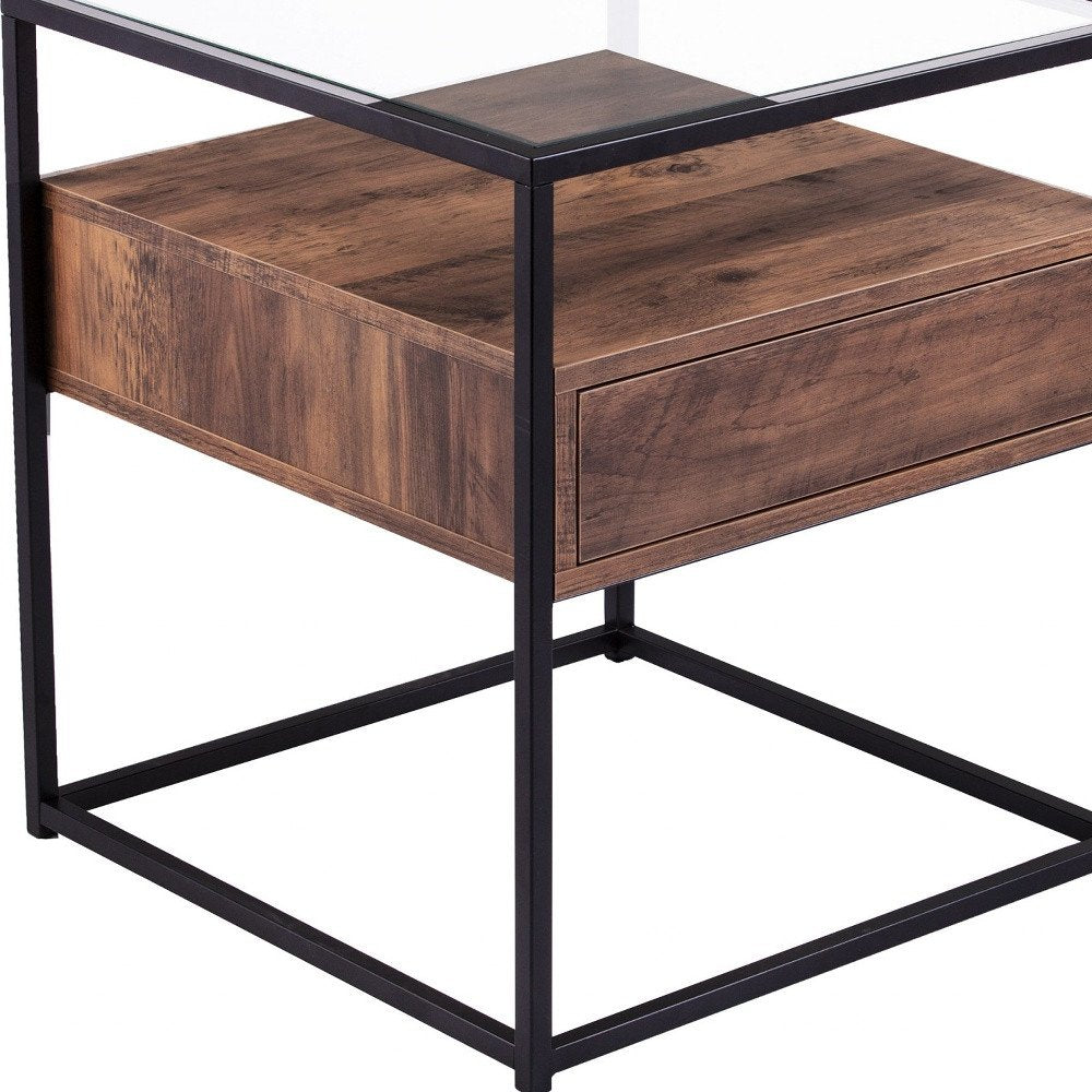 22" Black Glass And Iron Square End Table With Drawer With Shelf HomeRoots