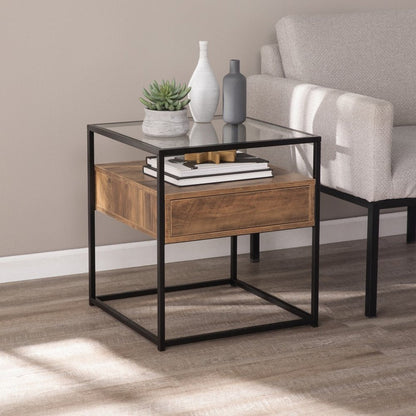 22" Black Glass And Iron Square End Table With Drawer With Shelf HomeRoots