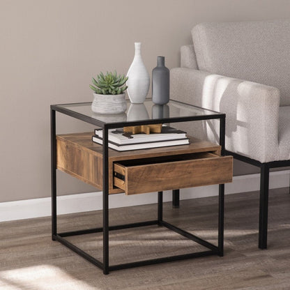 22" Black Glass And Iron Square End Table With Drawer With Shelf HomeRoots
