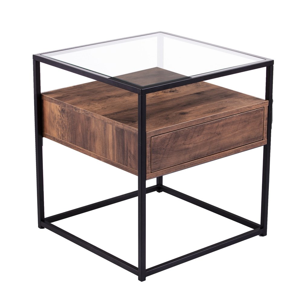 22" Black Glass And Iron Square End Table With Drawer With Shelf HomeRoots
