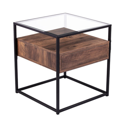 22" Black Glass And Iron Square End Table With Drawer With Shelf HomeRoots