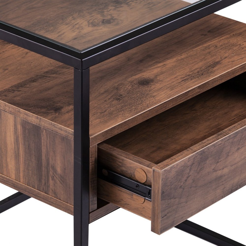 22" Black Glass And Iron Square End Table With Drawer With Shelf HomeRoots