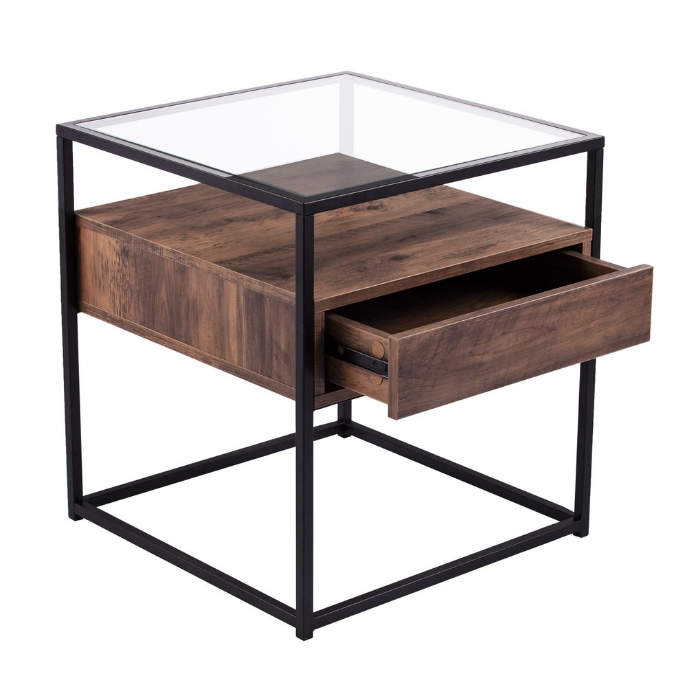22" Black Glass And Iron Square End Table With Drawer With Shelf HomeRoots