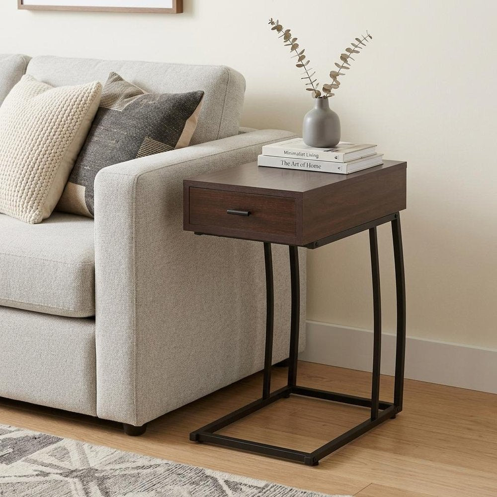 23" Brown Manufactured Wood And Iron Rectangular End Table With Drawer HomeRoots