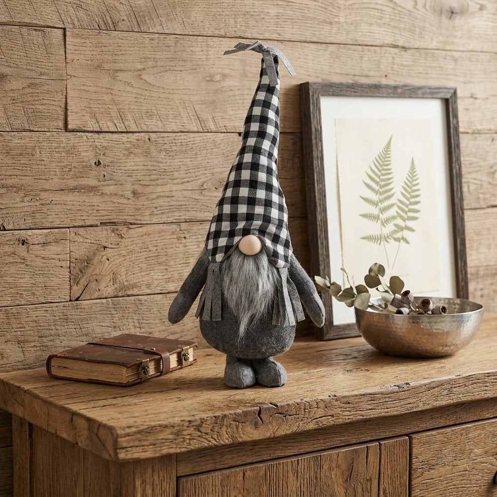 27" Black and White Buffalo Plaid Standing Gnome HomeRoots