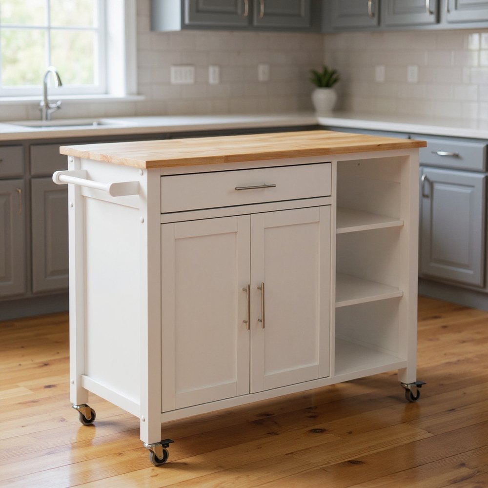 42" Natural and White Butcher Block and Iron Rolling Kitchen Cart With Storage — view 8