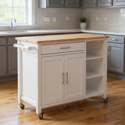 42" Natural and White Butcher Block and Iron Rolling Kitchen Cart With Storage HomeRoots