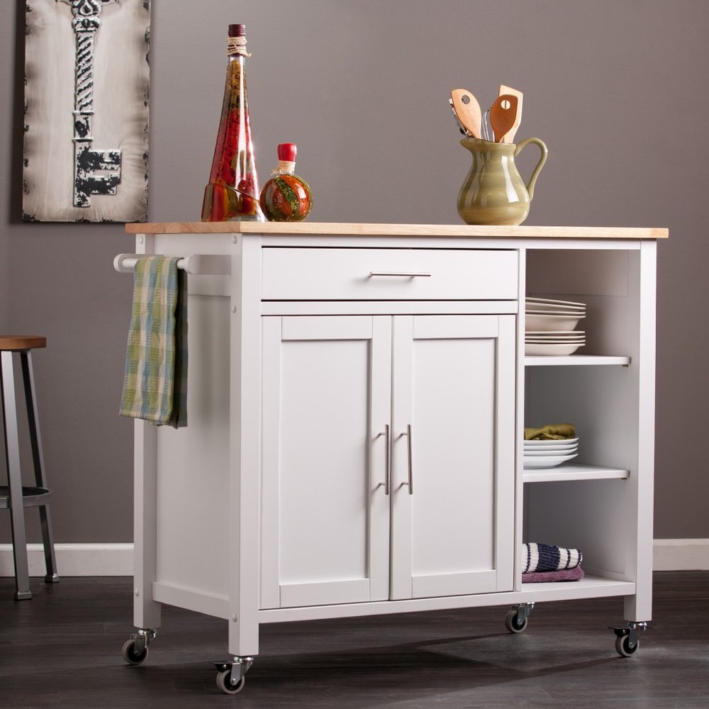 42" Natural and White Butcher Block and Iron Rolling Kitchen Cart With Storage HomeRoots