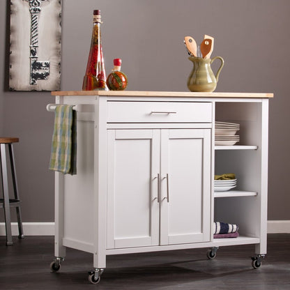 42" Natural and White Butcher Block and Iron Rolling Kitchen Cart With Storage HomeRoots
