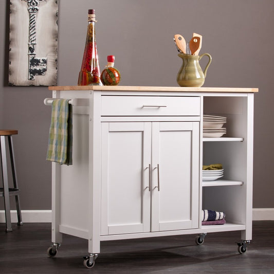 42" Natural and White Butcher Block and Iron Rolling Kitchen Cart With Storage HomeRoots
