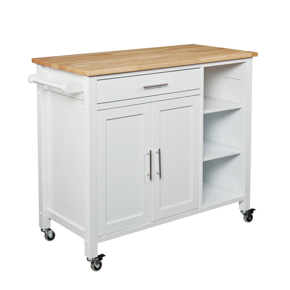 42" Natural and White Butcher Block and Iron Rolling Kitchen Cart With Storage — view 2