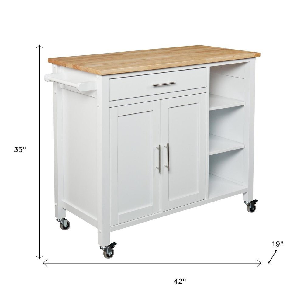 42" Natural and White Butcher Block and Iron Rolling Kitchen Cart With Storage HomeRoots
