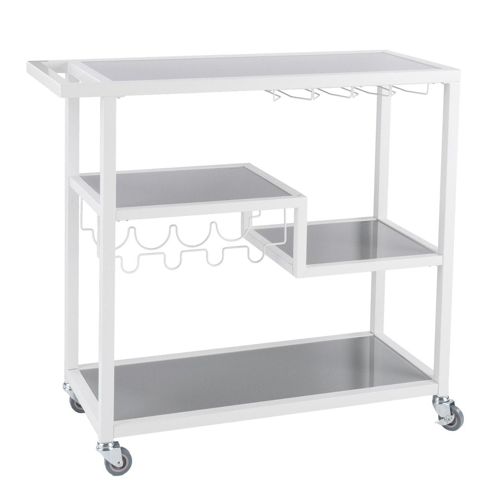 Gray and White Metal And Glass Rolling Bar Cart With Wine Storage HomeRoots