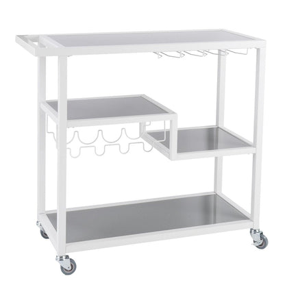 Gray and White Metal And Glass Rolling Bar Cart With Wine Storage HomeRoots