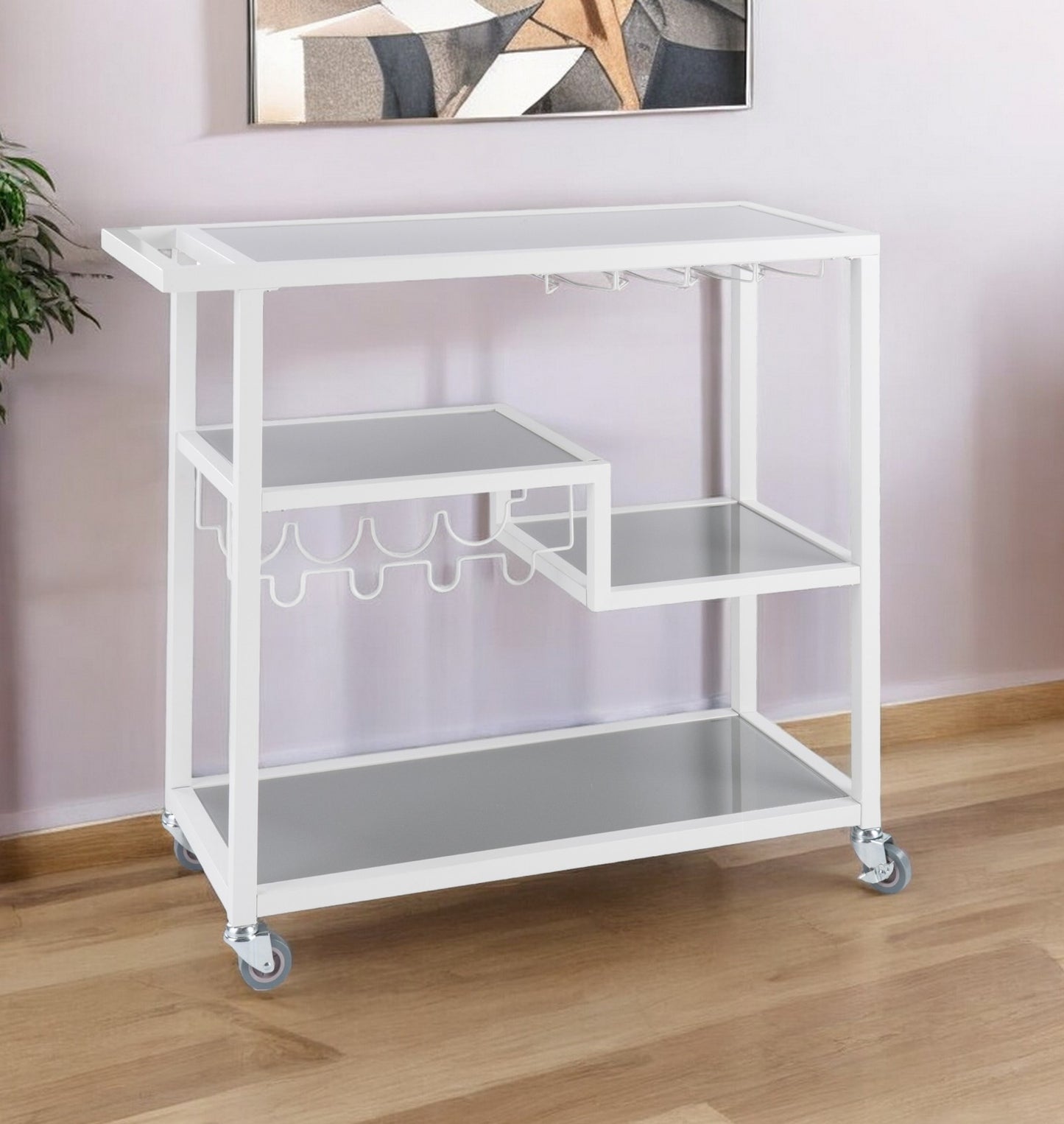 Gray and White Metal And Glass Rolling Bar Cart With Wine Storage