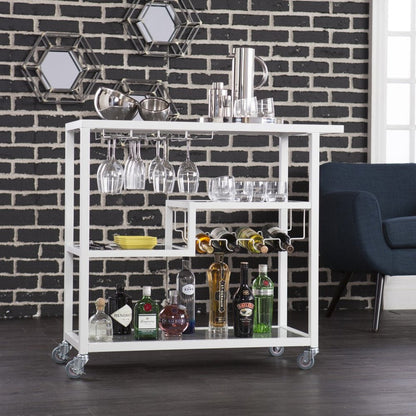 Gray and White Metal And Glass Rolling Bar Cart With Wine Storage HomeRoots