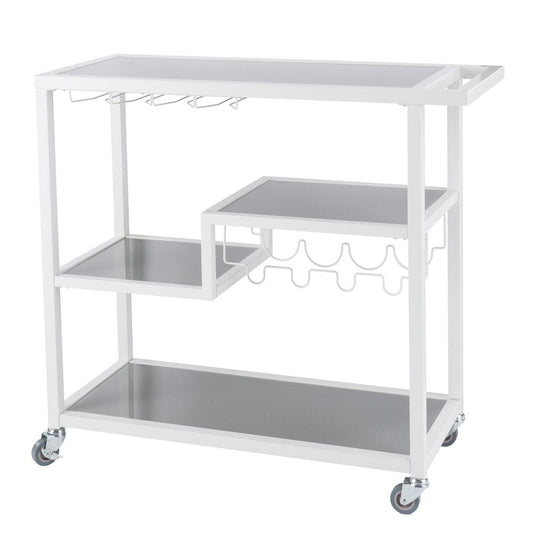 Gray and White Metal And Glass Rolling Bar Cart With Wine Storage HomeRoots