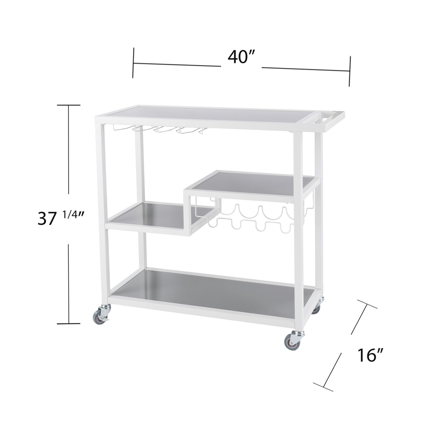 Gray and White Metal And Glass Rolling Bar Cart With Wine Storage