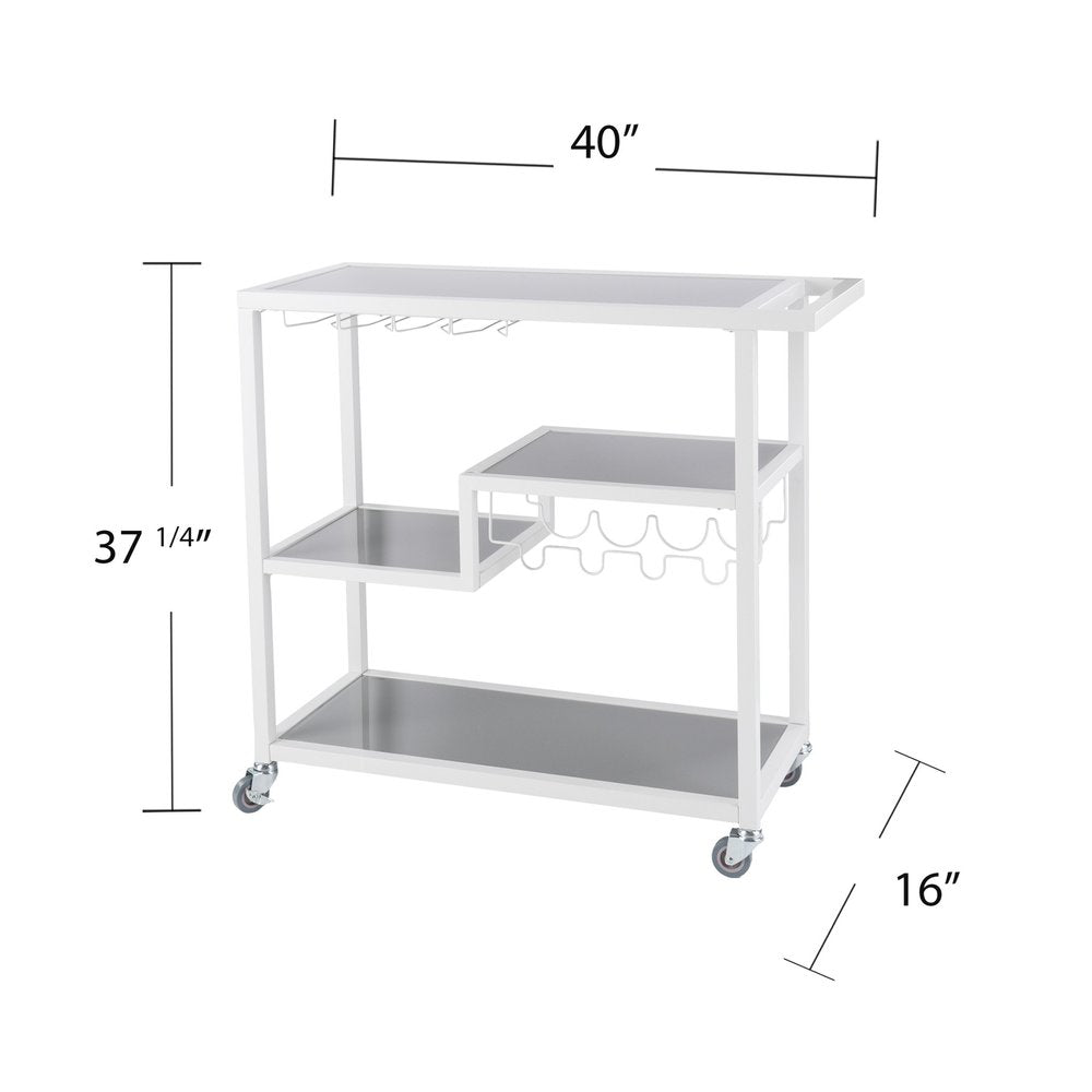 Gray and White Metal And Glass Rolling Bar Cart With Wine Storage HomeRoots