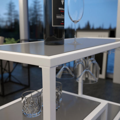 Gray and White Metal And Glass Rolling Bar Cart With Wine Storage HomeRoots
